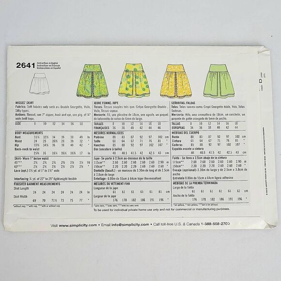 Simplicity, 2641, UNCUT Sewing Pattern, Skirts,  Sizes A, 8-18 - Picture 2 of 2